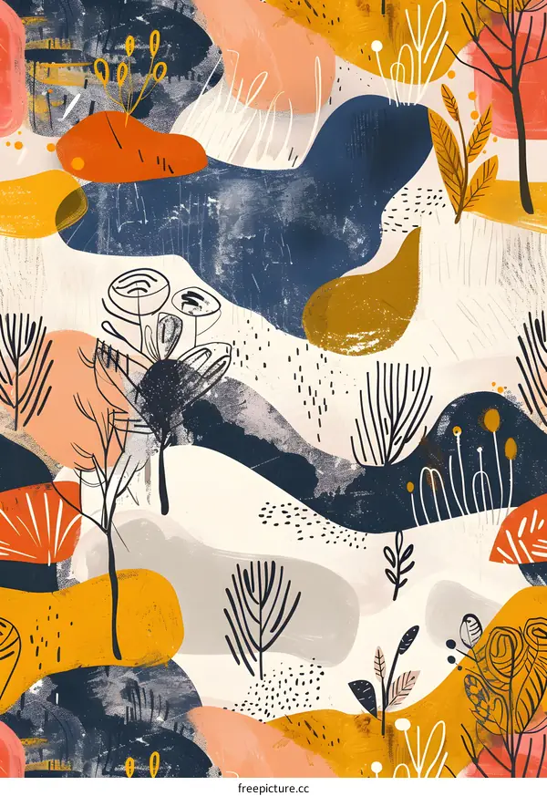 Abstract Artistic Landscape with  Tree Branches and  Geometric Shapes 