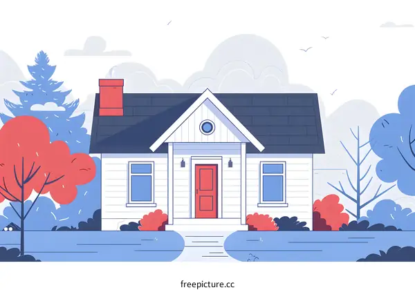 White House with Red Door and Surrounding Trees