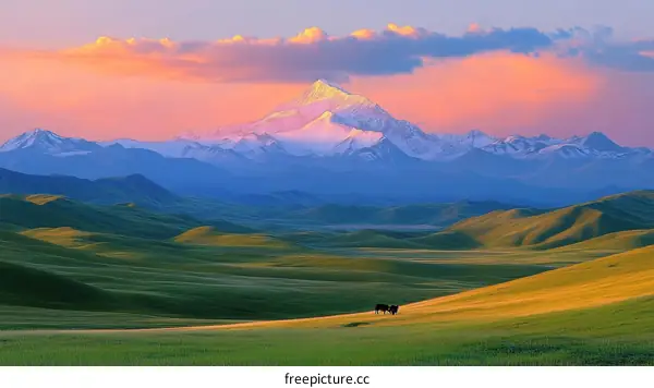 Majestic Mountain Range at Sunrise over Lush Meadow