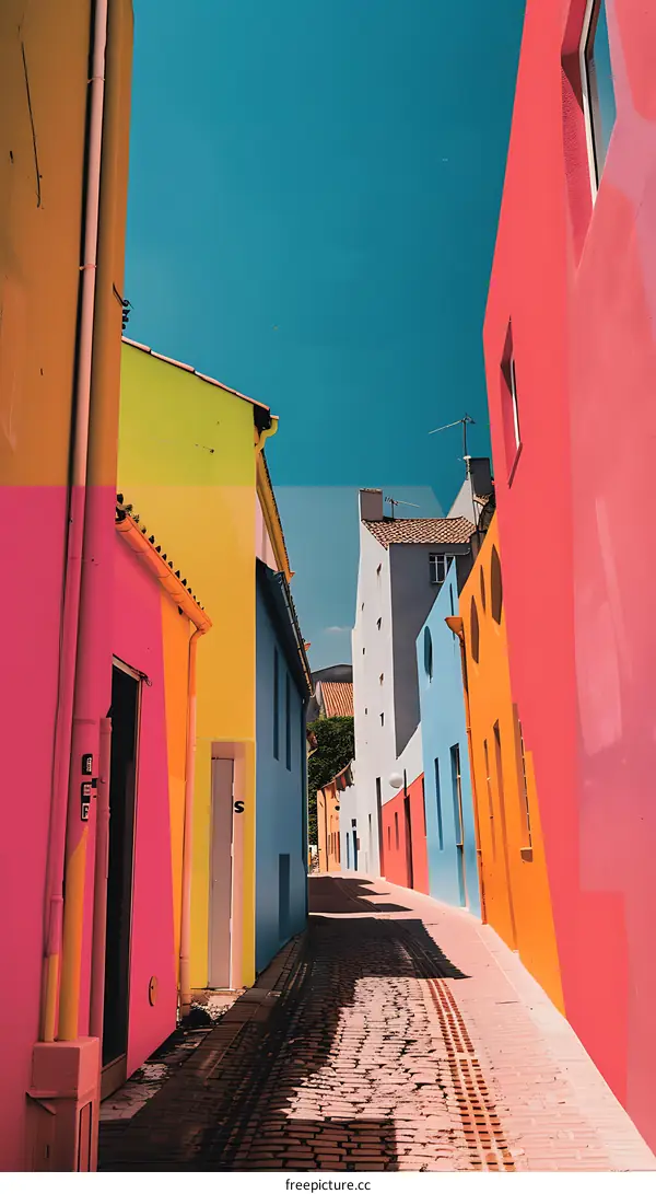 Colorful Buildings and Cobblestone Street in European City