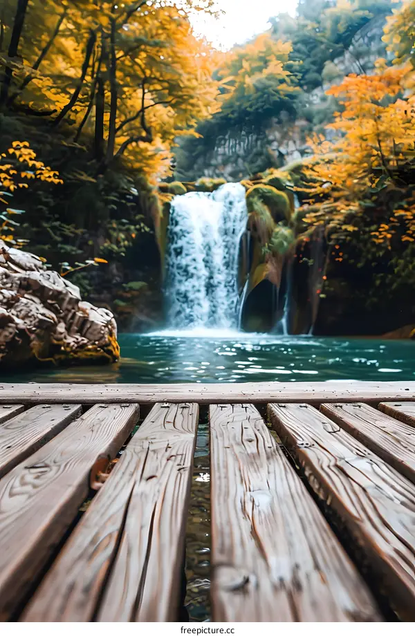 Wooden Deck Overlooking a Waterfall in Autumn