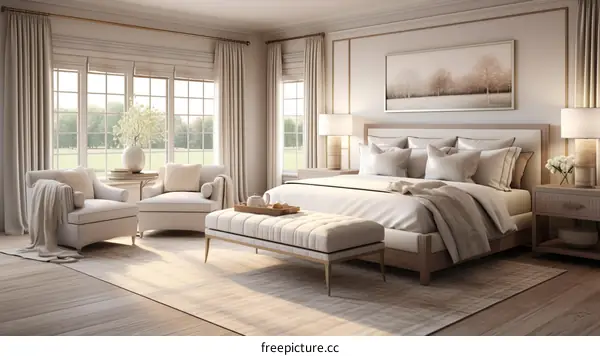 Elegant master bedroom with large windows and a sitting area