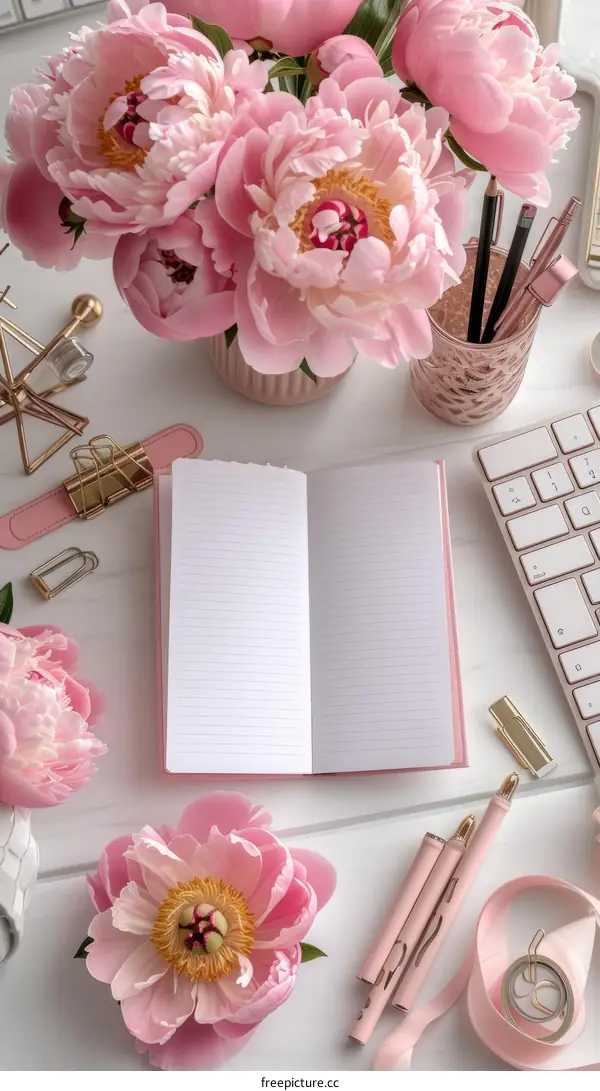 Pink flowers and a notebook on a white table