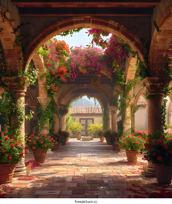 Archway Pathway With Flowers and a Brick Floor
