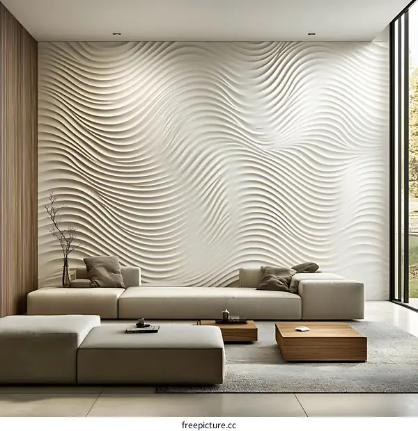 Modern Minimalist Living Room with Wave Wall Design