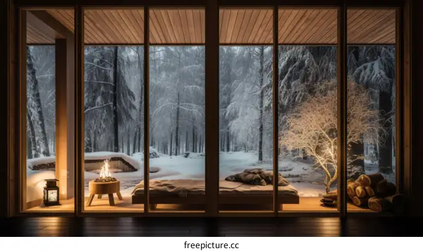 A cozy living room with a fireplace and a view of the snowy forest