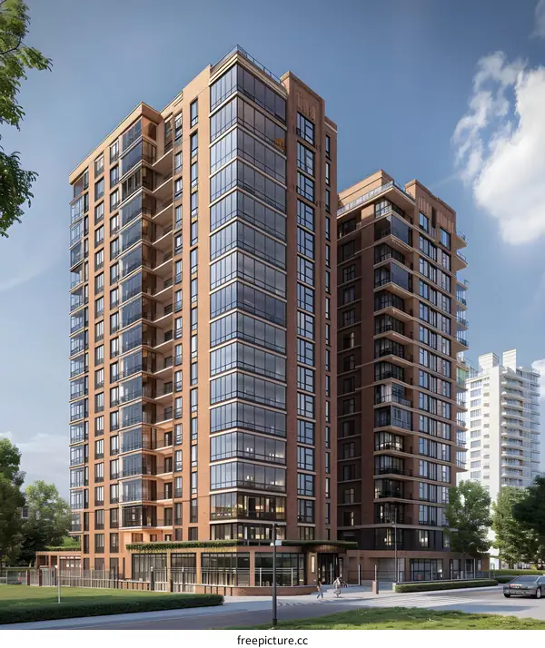 An illustration of a modern apartment building with brick exterior and large windows