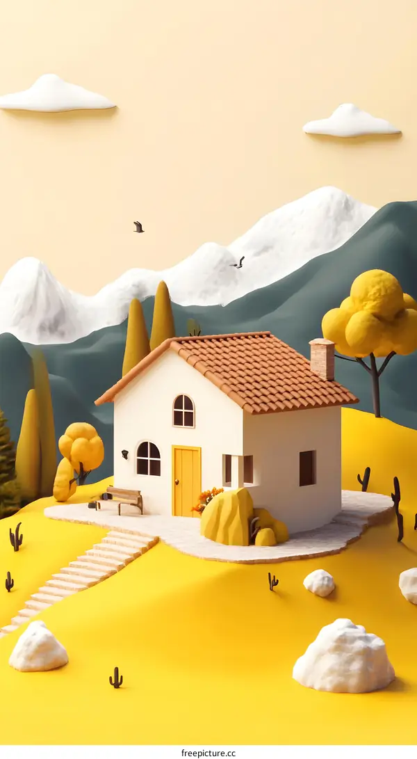 3D Illustration of a Cute Yellow House in a Mountain Landscape