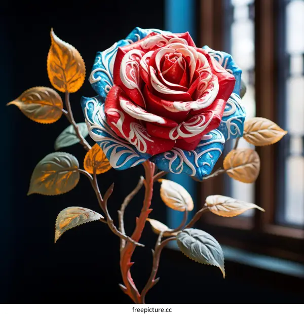 A red rose with blue and white petals