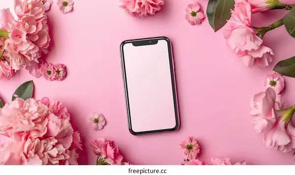 Pink Flowers and Smartphone on a Pink Background