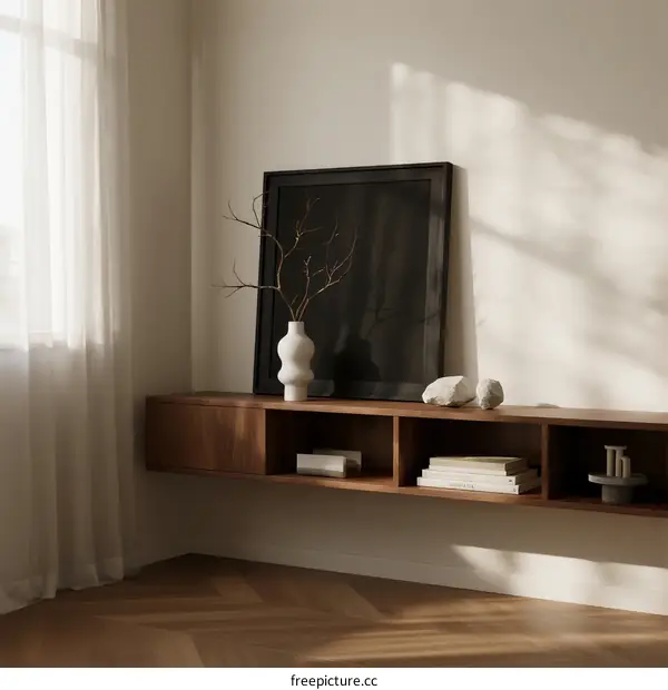 Minimalist wooden shelf with white vase and picture frame in bright room