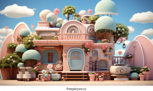 Whimsical pastel-colored cartoon house with blue door