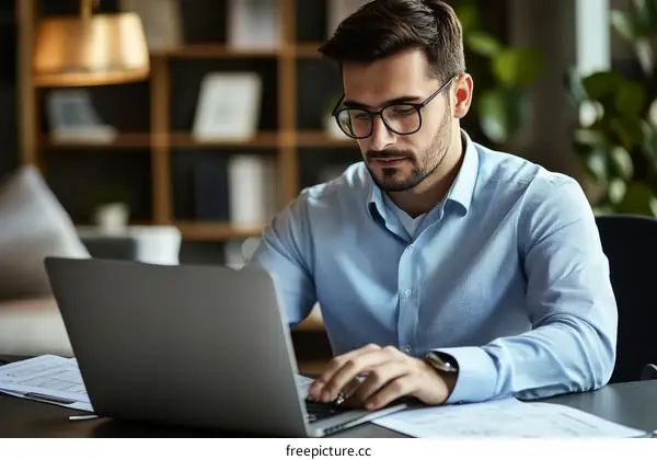 Businessman Working on Laptop in Modern Office