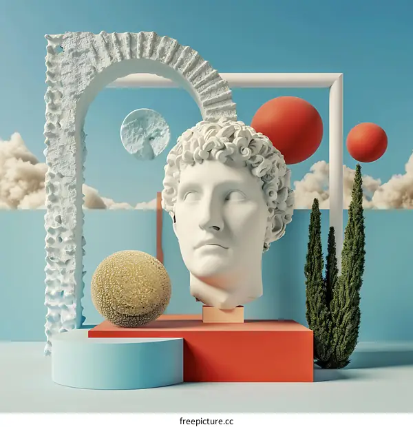 Abstract Sculpture with Roman Bust and Geometric Shapes
