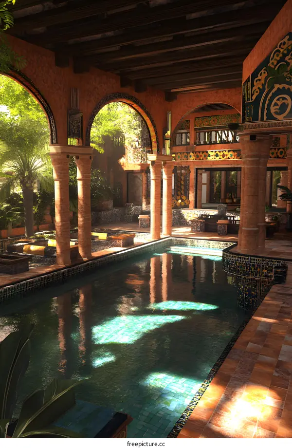 Interior Design of a Moroccan Courtyard with a Pool