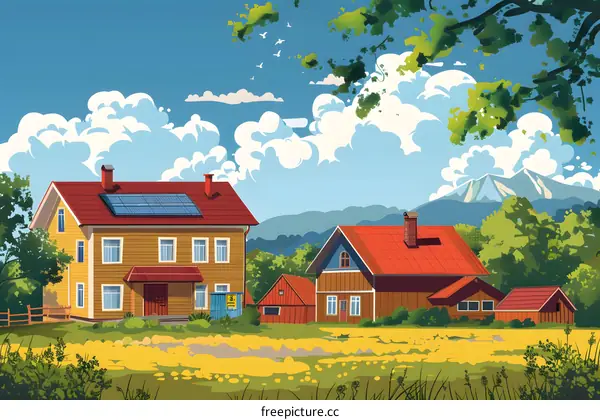 Illustration of a Rural Landscape with Houses and a Mountain in the Background