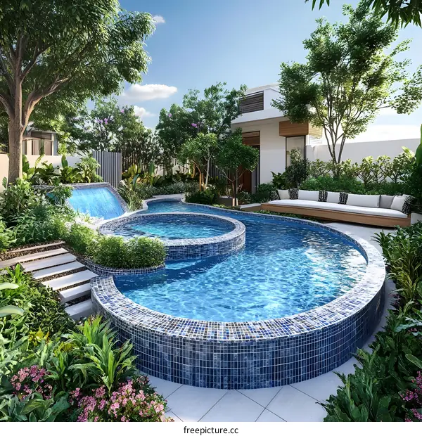 Luxury Pool and Waterfall in Tropical Garden