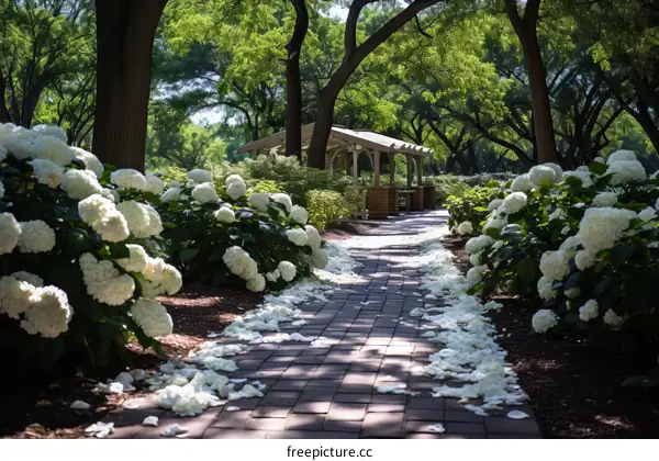 A beautiful garden path lined with white flowers