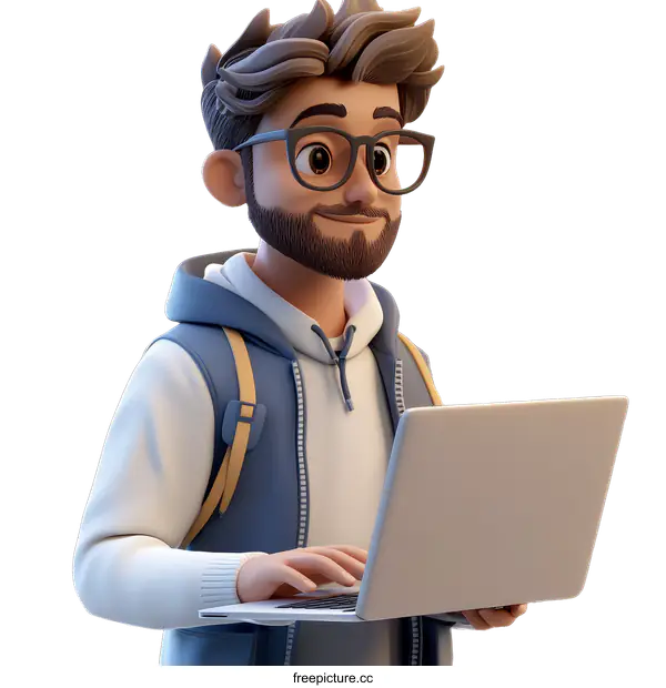 [Transparent Background PNG]Cartoon Character Student Using Laptop