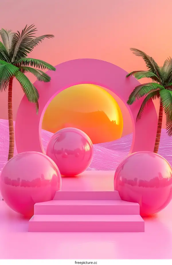 Pink and yellow 3D rendering of a summer scene with palm trees and a sunset