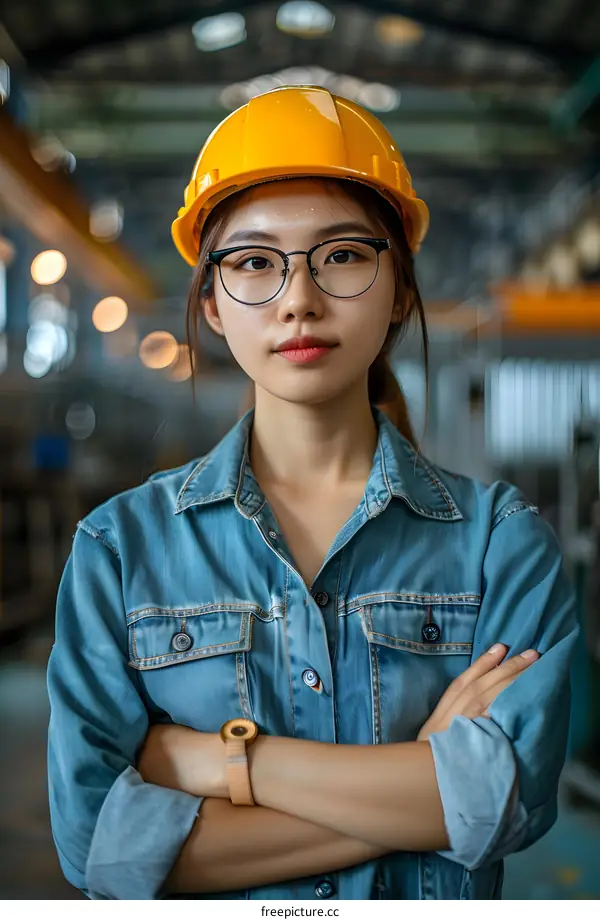 portrait of a young asian woman wearing a hard hat and safety glasses