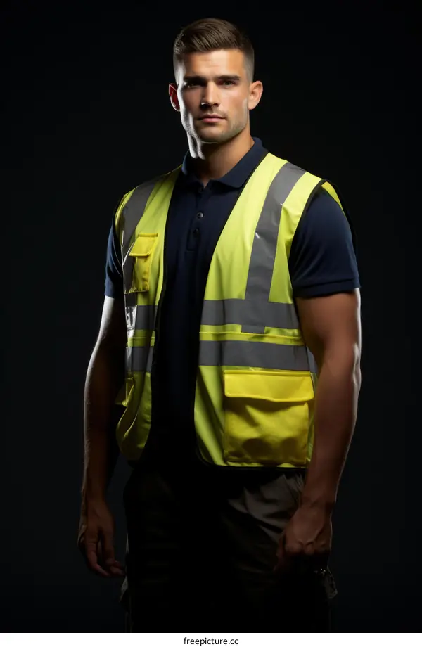 Studio portrait of a young Caucasian male wearing a reflective safety vest