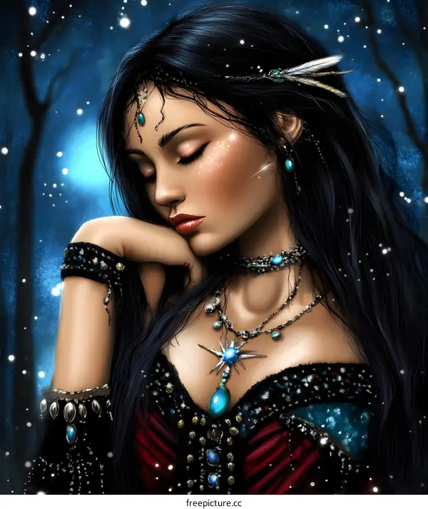 Beautiful Woman with Long Black Hair in the Snow