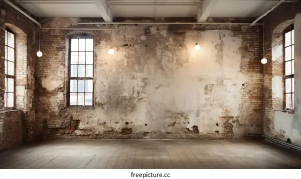 Rundown interior of an old industrial building with brick walls and large windows