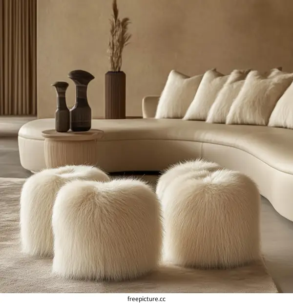 Modern Beige Fur Poufs in a Stylish Living Room