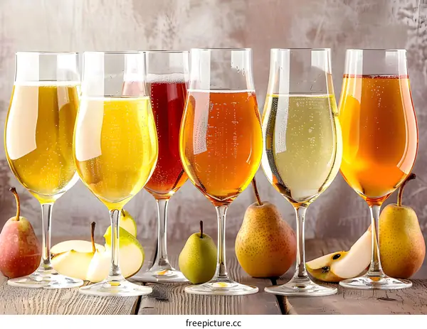 Assortment of Sparkling Apple Cider in Glasses with Pears