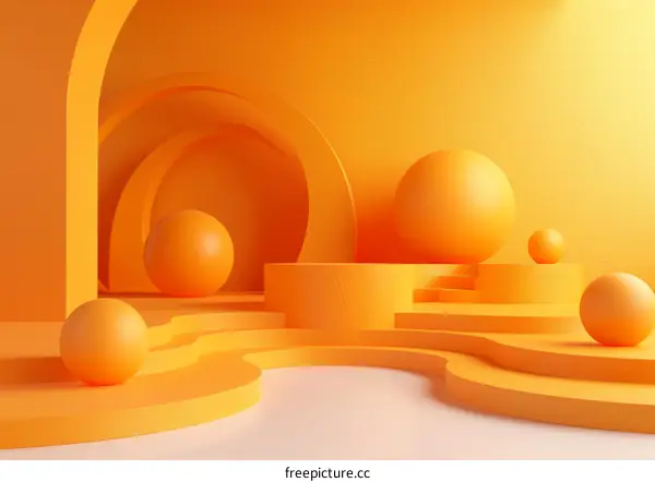 3D Abstract Orange Geometric Background with Spheres and Podiums