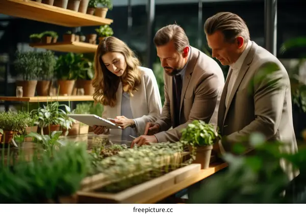 Three people in a greenhouse discussing plants