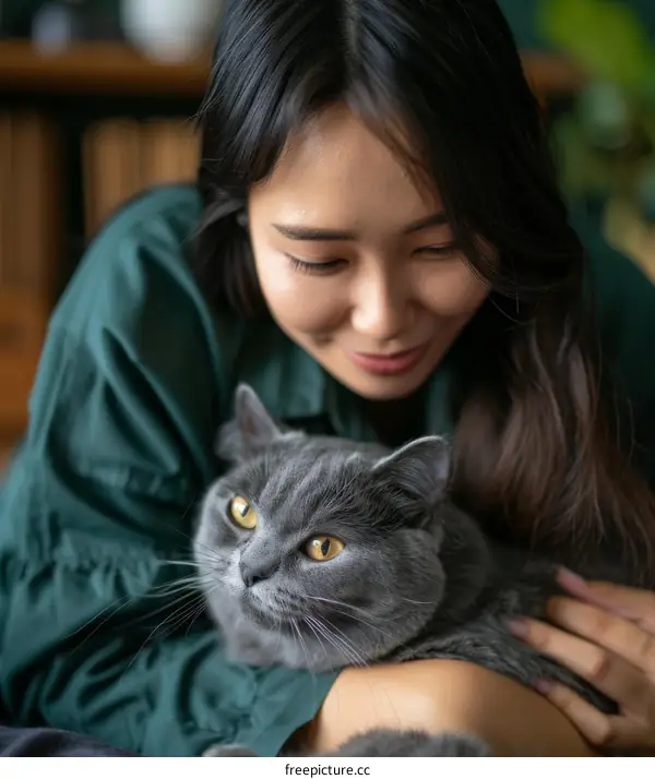 A young woman is hugging a gray cat.