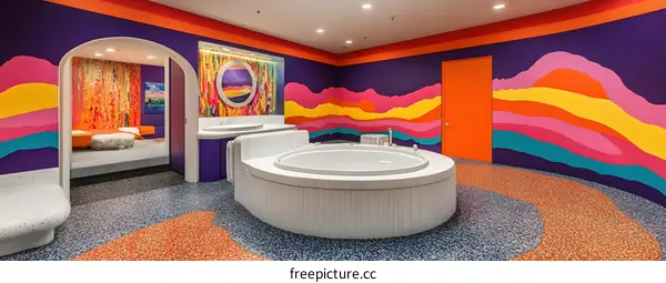 Colorful Bathroom Interior Design with a Bathtub and a Mirror