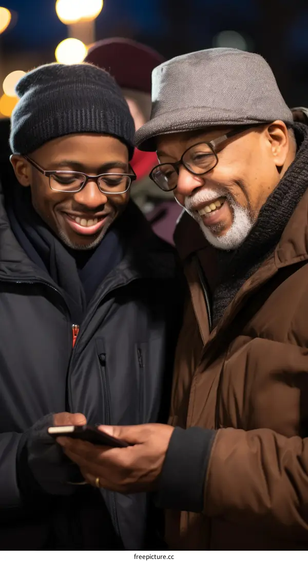 Two men looking at a phone and smiling