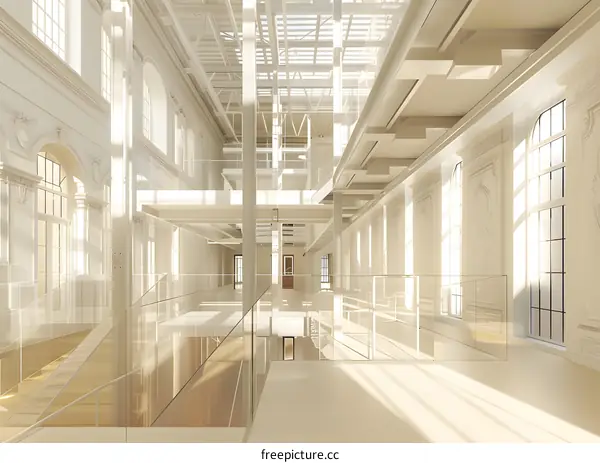 Modern Architecture Interior Design With Glass Railing and Sunlight