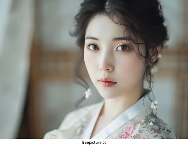 Portrait of a beautiful Asian woman in traditional Korean dress, or Hanbok