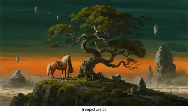 A Lone Horse Under a Gnarled Tree on a Floating Rock