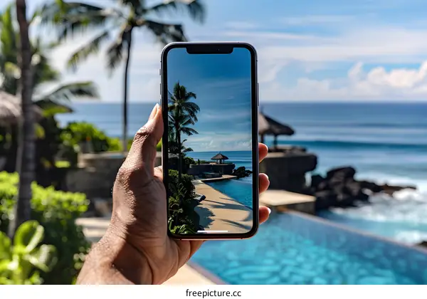Hand Holding Smartphone Taking Picture of Tropical Ocean Scene