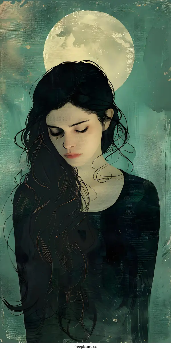 girl with black hair and blue eyes looking down