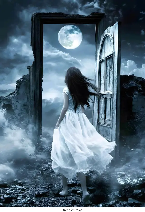 Woman Walking Through a Doorway with Full Moon in the Sky