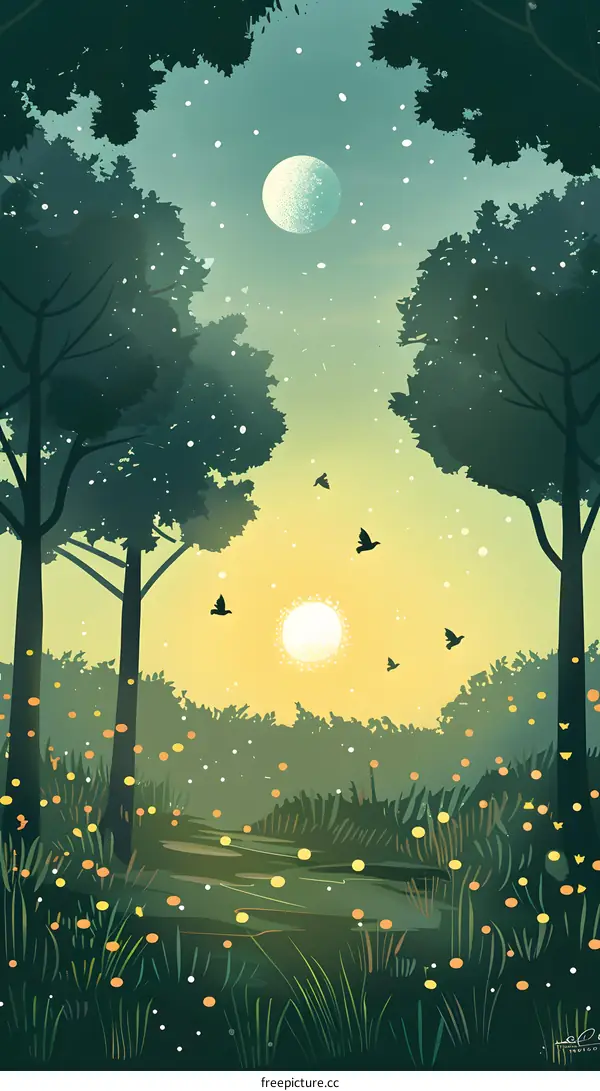 Forest Illustration With Sun And Moon In The Sky