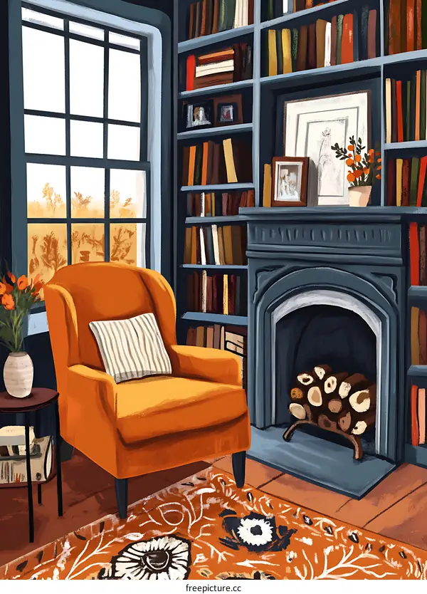 Cozy Living Room With Fireplace And Bookshelves