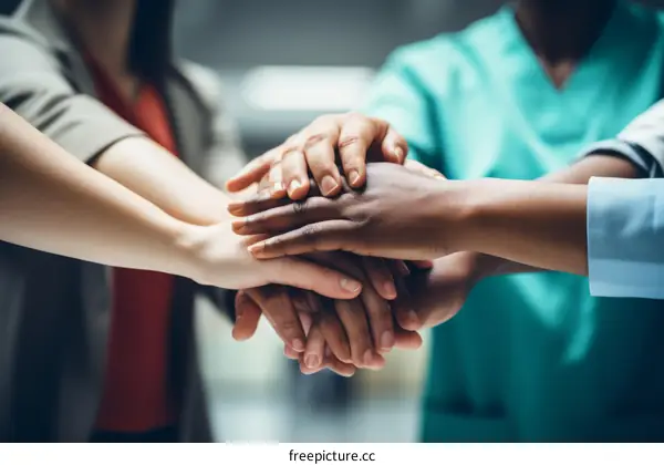 Multiracial business team joining hands together in unity and support