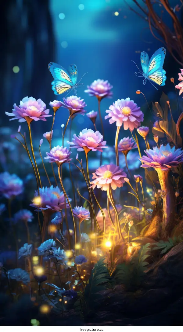 Glowing Flowers and Butterflies in a Mystical Garden