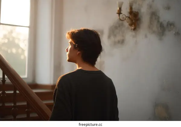 Young Man Contemplating at the Old Building Staircase