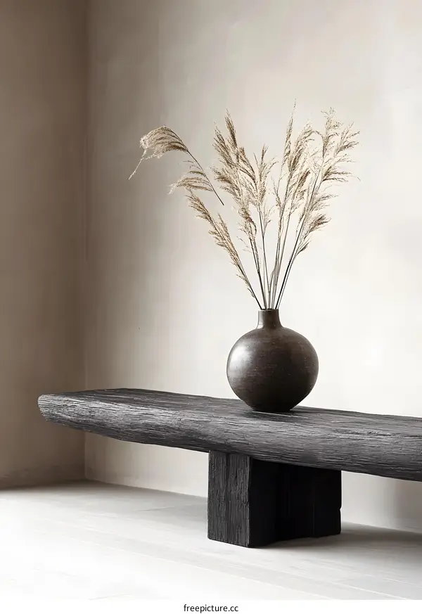 Minimalist Interior Design with Dried Grass in a Vase on a Wooden Bench