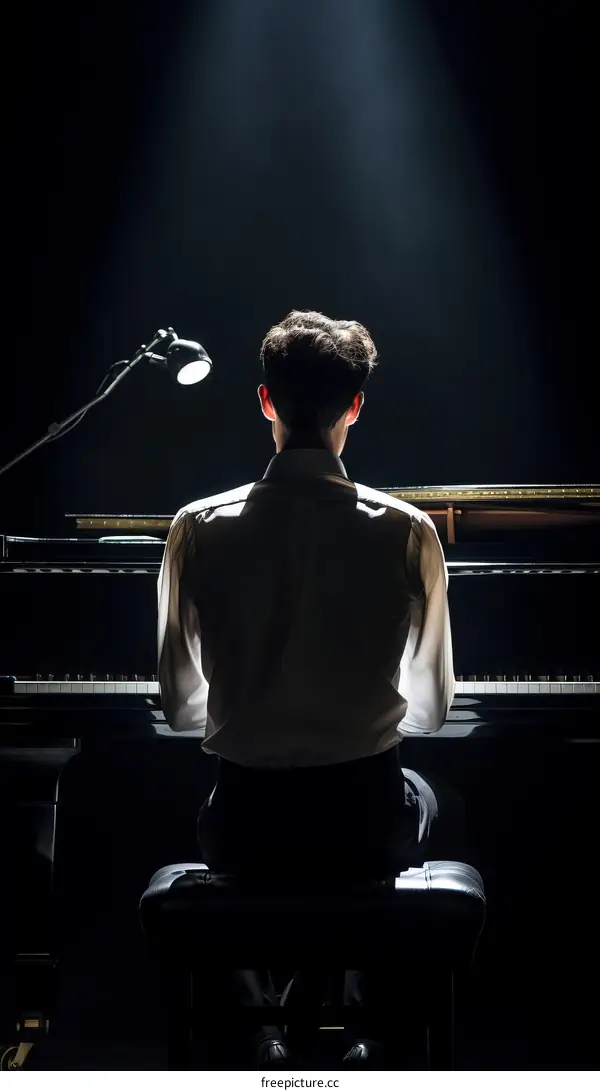 Man playing piano in spotlight with his back to the camera