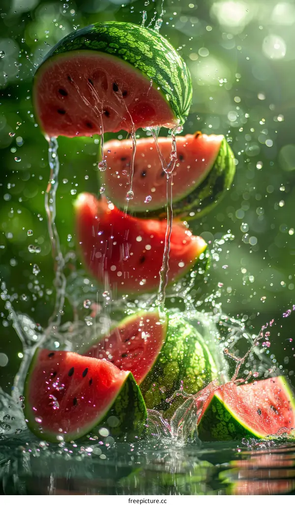 Watermelon slices falling in water with a splash