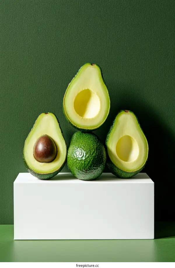 Freshly Sliced Avocado Display on White Pedestal